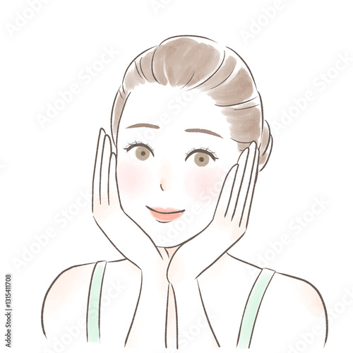 両手で頬を包むキャミソールを着た笑顔の女性