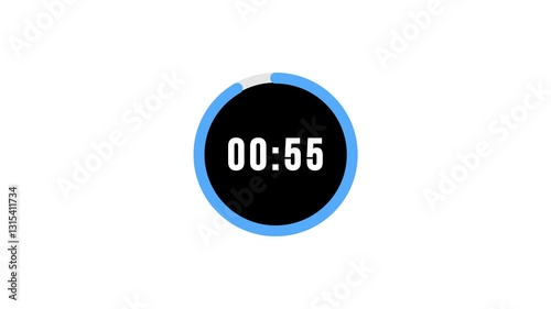 One minute countdown timer animation. Countdown from 60 to 0 digital clock with transparent background. 1 minute timer animation. 