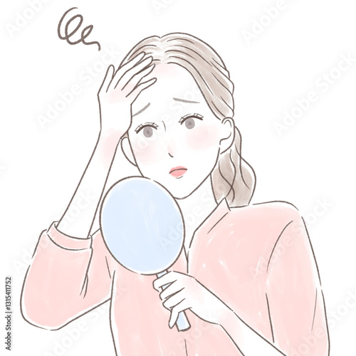 手鏡を見て髪の生え際の白髪が気になる女性