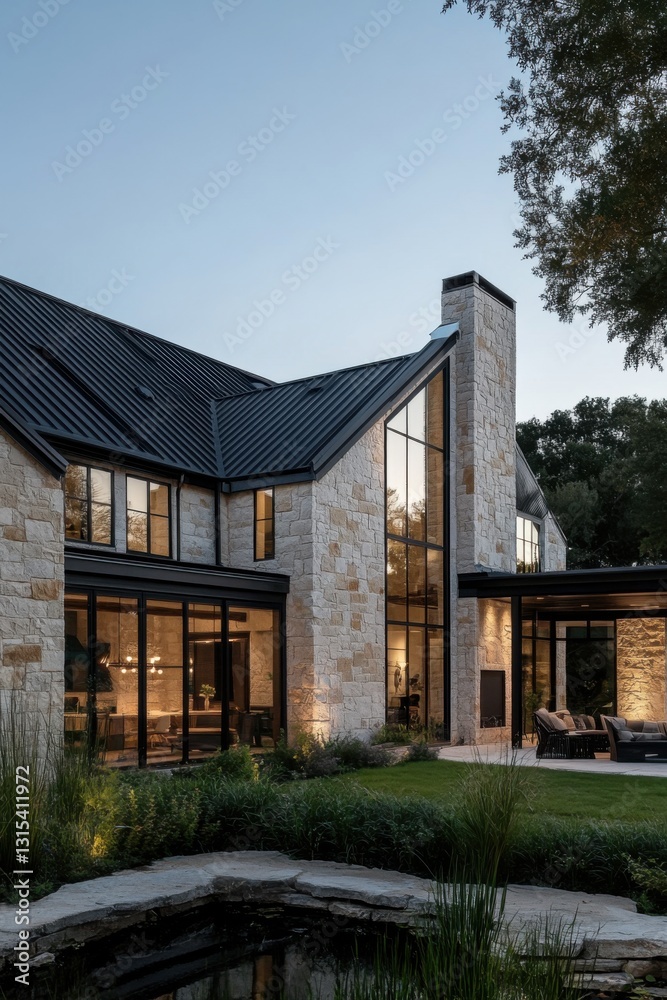 Modern stone house with large windows and serene pond at twilight, showcasing elegant architectural design in a peaceful suburban setting Modern stone house with large windows and serene pond at twilight, showcasing elegant architectural design in a peaceful suburban setting