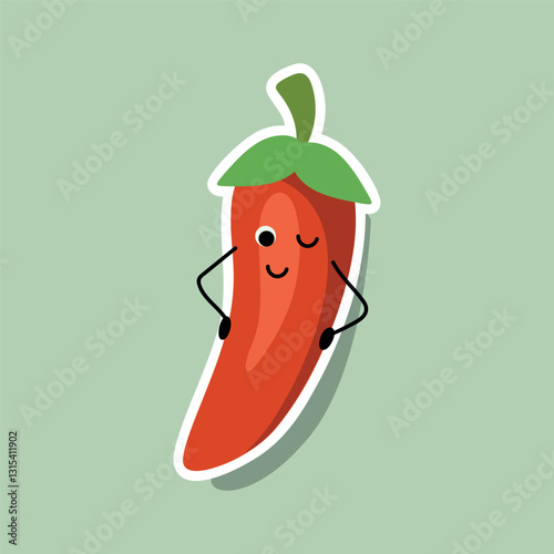 cute Chili pepper sticker illustration, adorable spicy vegetable character, funny cartoon hot pepper with winking face, kawaii red paprika with green leaf, happy food icon, playful seasoning emoji