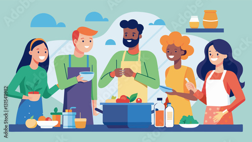 An impromptu cooking competition sparks in the communal kitchen as friends challenge each other to whip up the tastiest dish using only random ingredients found in the pantry.. Vector illustration