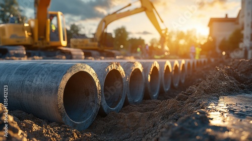 Large concrete sewer pipes at construction site with excavator in sunset
