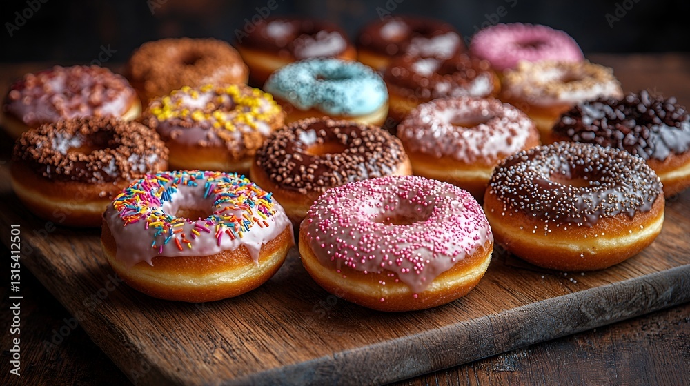 Assorted glazed and sprinkled donuts on wooden board