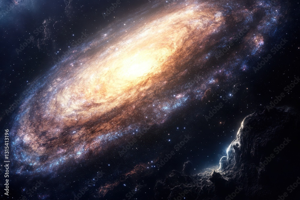 Obraz premium Galactic spiral structure illuminated by bright stellar formations in deep space