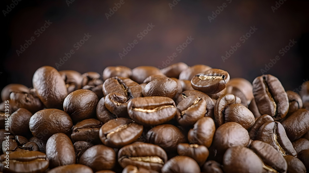 Fototapeta premium Close Up Of Roasted Brown Coffee Beans Piled High Against A Dark Brown Blurred Background With Warm Lighting