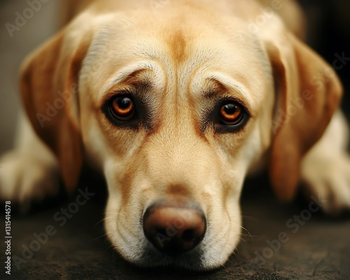 Sad yellow lab indoors, close-up
