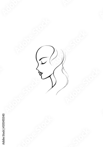 Elegant Minimalist Line Art of a Woman’s Face in Profile with Flowing Hair and Graceful Features
