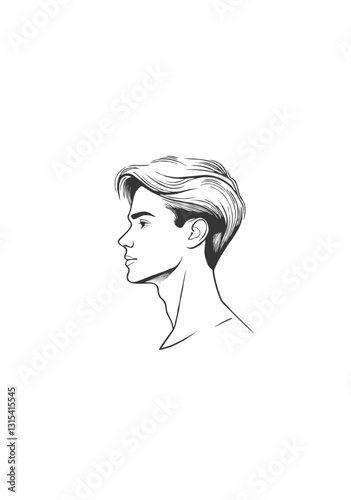 Black and White Line Art Portrait of a Handsome Young Man in Profile with Elegant Hair and Sharp Features