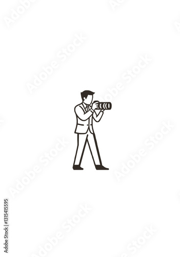 Minimalist Line Art Vector Illustration of a Photographer Holding a Camera in a Professional Suit