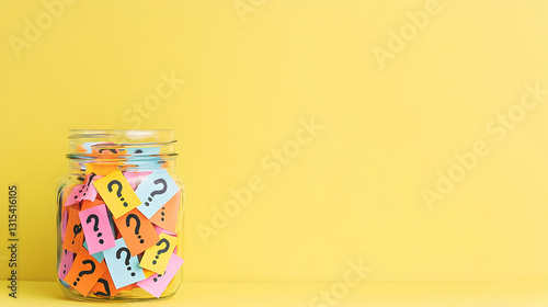 Glass Jar Filled With Colorful Question Mark Notes On A Bright Yellow Seamless Background With Copy Space For Text Ideal For Problem Solving And FAQ