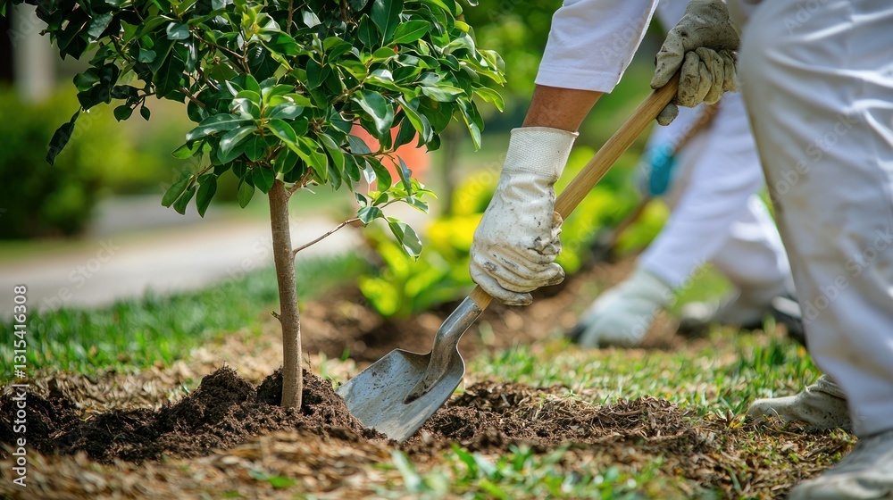 Fototapeta premium Planting sapling with shovel. Gloves protect hands. Green grass & trees nearby