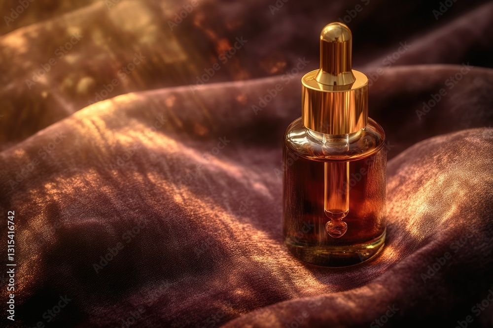 Naklejka premium Amber Glass Dropper Bottle on Luxurious Velvet Fabric