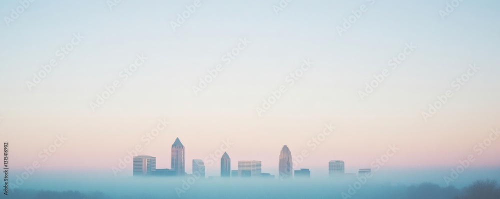Fototapeta premium Buildings of a city are partially hidden by a morning fog