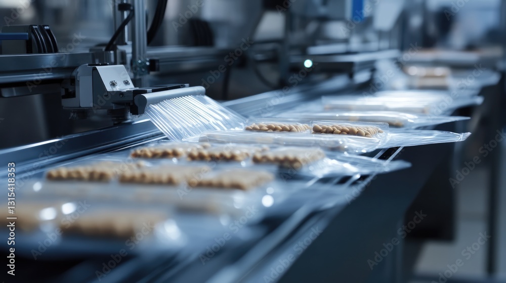 Automated Food Packaging Line: Close-up of Snacks Being Wrapped in Plastic Film on Conveyor Belt Automated Food Packaging Line: Close-up of Snacks Being Wrapped in Plastic Film on Conveyor Belt