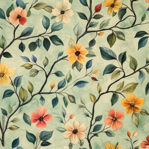 Wallpaper Mural Watercolor floral seamless pattern. Torontodigital.ca