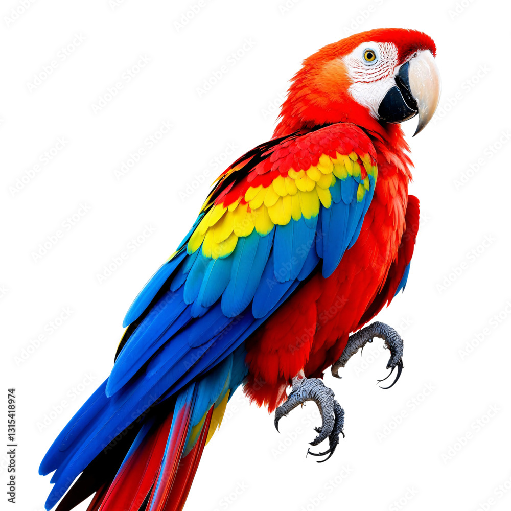 Fototapeta premium Vibrant Scarlet Macaw Portrait Against a Pure White Background