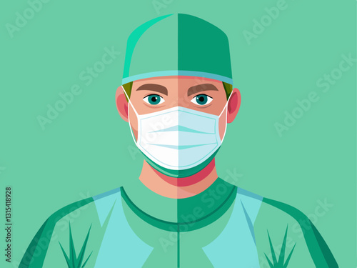surgeon wearing a green scrub suit, surgical mask, gloves, and cap