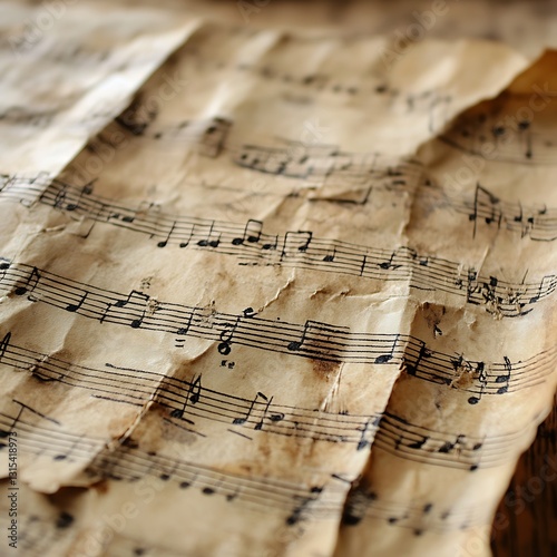 Old music sheet, notes, aged paper, close-up, wooden background, historical