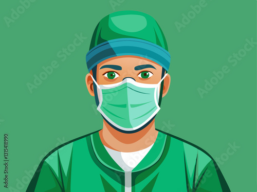 surgeon wearing a green scrub suit, surgical mask, gloves, and cap