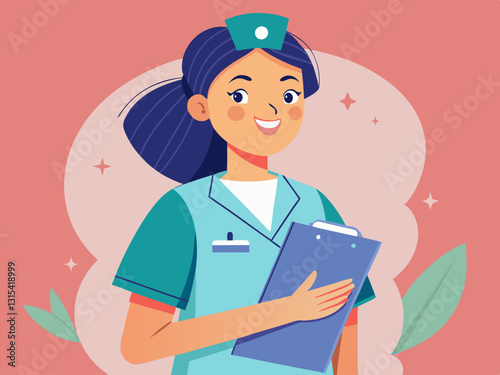 female nurse in pastel-colored scrubs with a clipboard and a warm smile