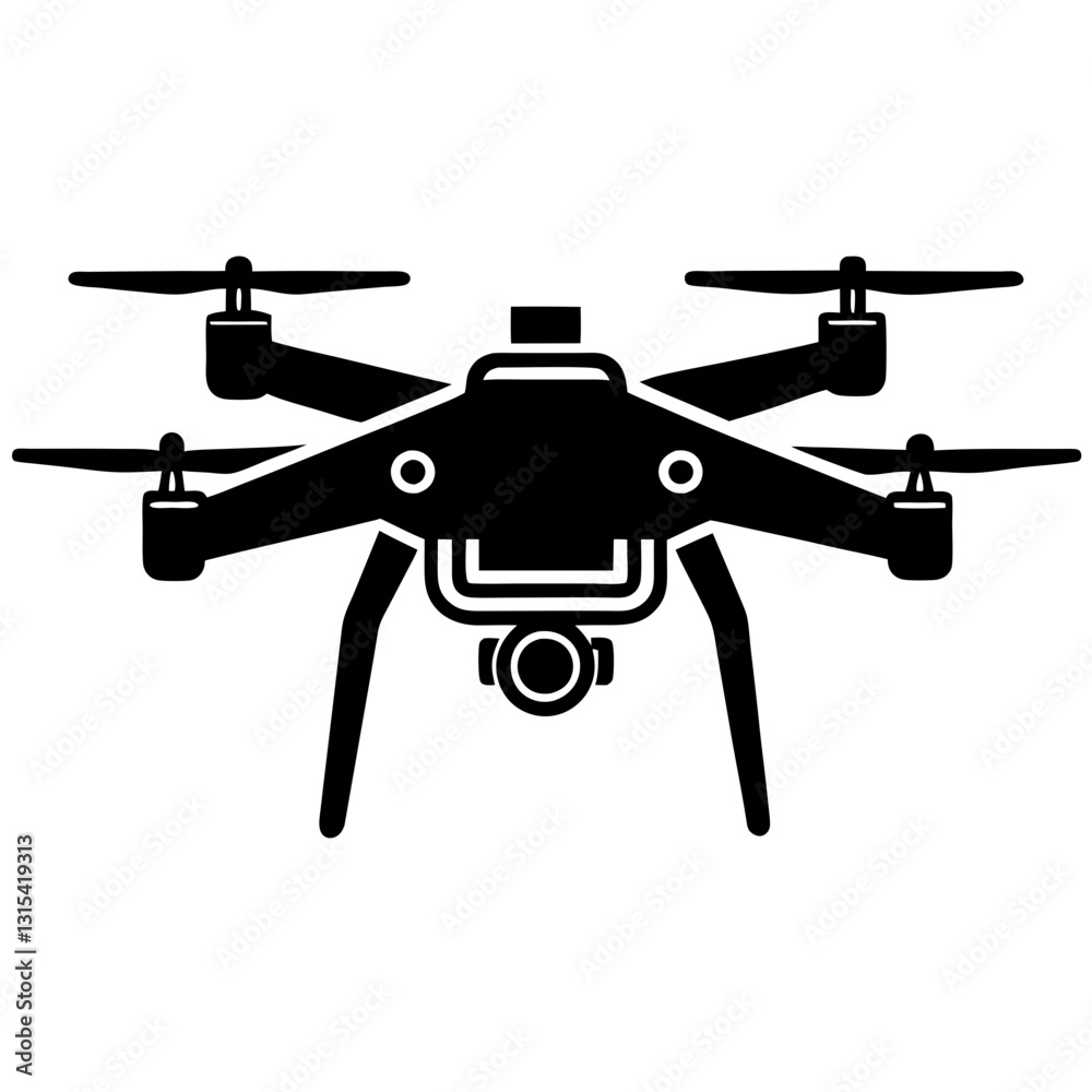 drone black silhouette vector, Simple silhouette Design vector icon with white background. Drone camera vector drone black silhouette vector, Simple silhouette Design vector icon with white background. Drone camera vector