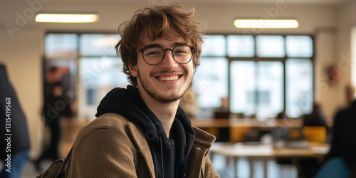 Joven sonriendo siendo becario en una oficina. Oficina borrosa detrás de él.