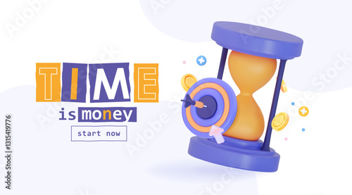 3d creative banner Time is money. With an hourglass, a target, and coins. The concept of financial success, investment, and time management.