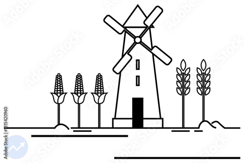 Windmill with rotating blades alongside corn and wheat stalks in a simple rural setting. Ideal for agriculture, sustainability, renewable energy, organic farming, eco-friendly practices, countryside