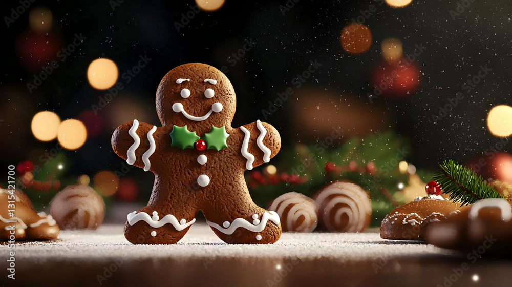 Gingerbread Man On Snowy Table With Christmas Lights Gingerbread Man On Snowy Table With Christmas Lights