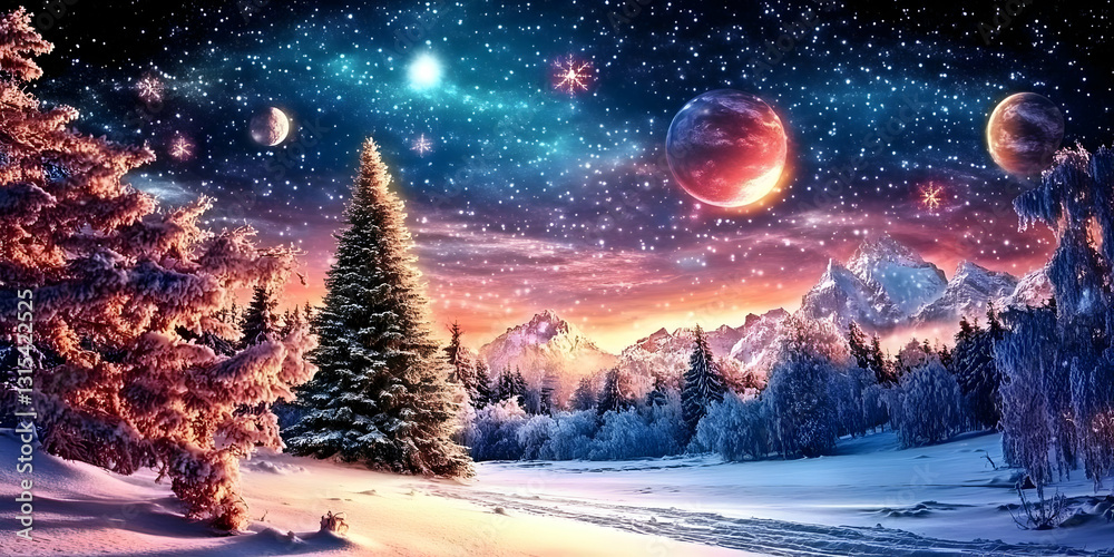 Fototapeta premium Winter Wonderland: Snowy Mountains & Planets