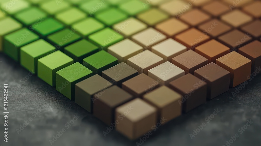 Obraz premium Isometric View of a Cubical Gradient Array in Shades of Green to Brown Against a Textured Gray Surface