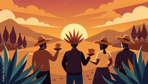 The sun begins to set over the agave fields casting a golden glow on the group as they enjoy their final sips of tequila.. Vector illustration