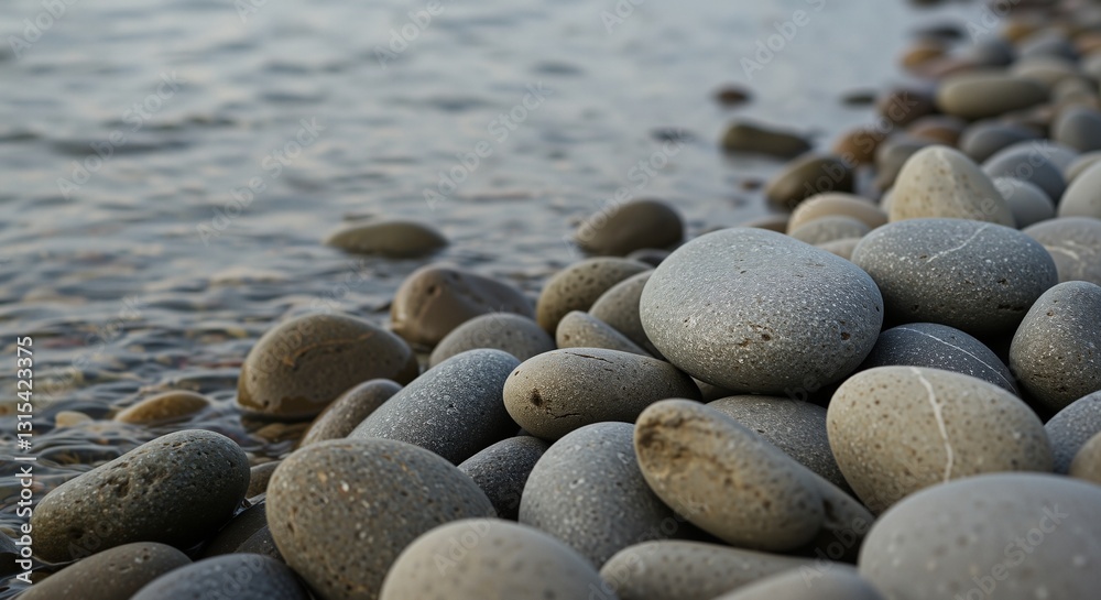 Smooth pebbles along the shoreline reflecting calm waters creating a serene and peaceful atmosphere Smooth pebbles along the shoreline reflecting calm waters creating a serene and peaceful atmosphere