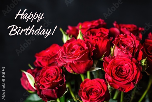 A bouquet of red roses in front of a black background with the text "Happy Birthday!" Generative AI