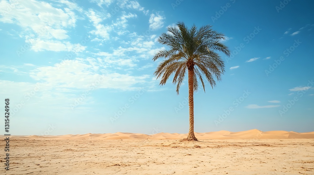 Solitary palm tree in vast, sandy desert under a partly cloudy blue sky. Solitary palm tree in vast, sandy desert under a partly cloudy blue sky.