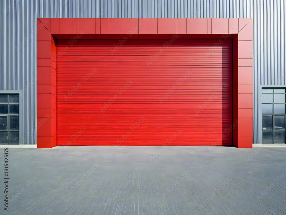 Red Roll-Up Door on Gray Building Red Roll-Up Door on Gray Building