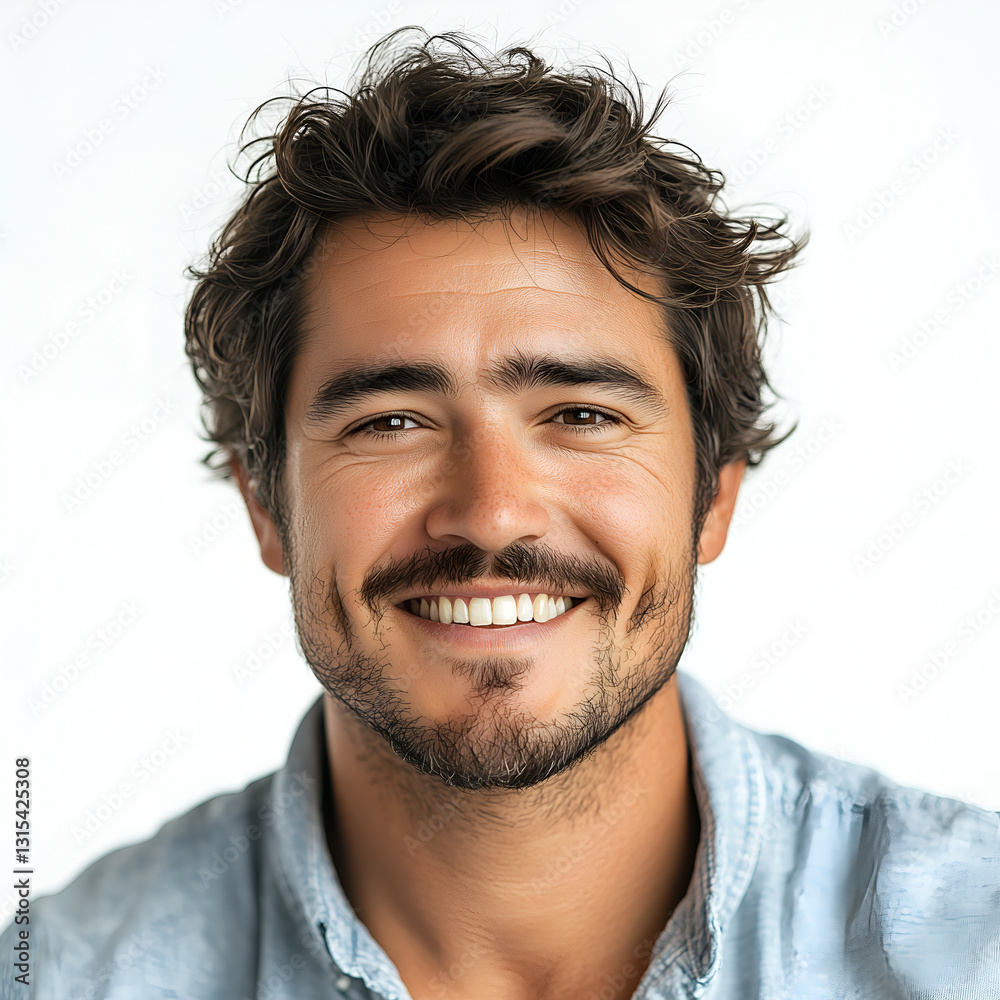 Fototapeta premium Cheerful Young Man with Beard Smiling Confidently on White Background - Fashionable & Handsome Male Portrait