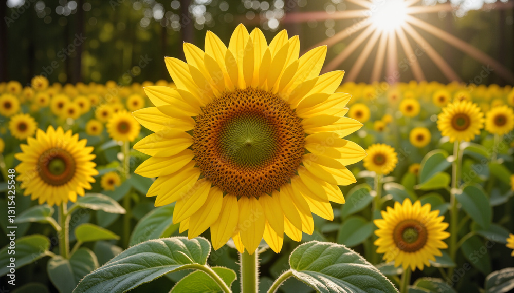 Fototapeta premium Bright sunflower in full bloom against a blurred green field, radiating happiness and warmth