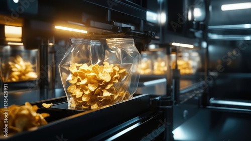 Automated Snack Food Packaging Line, Chips Production, Golden Crisps, Industrial Food Manufacturing, 3D Render