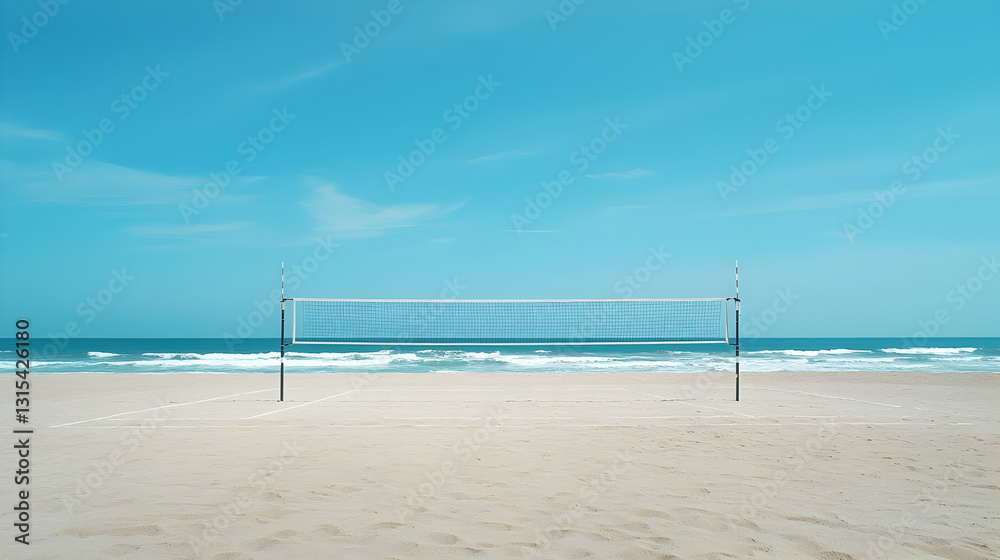 Empty Beach Volleyball Net On A Sunny Sandy Beach With A Clear Blue Sky And Calm Ocean In The Background Perfect For Summer Sports Empty Beach Volleyball Net On A Sunny Sandy Beach With A Clear Blue Sky And Calm Ocean In The Background Perfect For Summer Sports