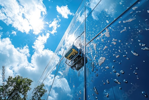 Automated Window Cleaning on Modern Building, Sunny Day