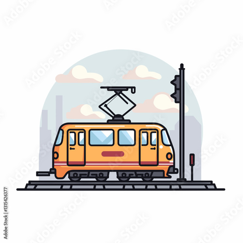 Illustration of an orange tram at a city train station