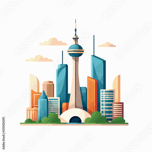 Stylized skyline illustration with modern skyscrapers and clouds