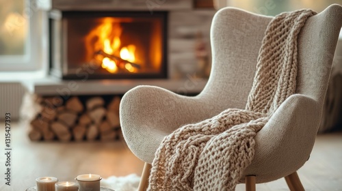 Cozy armchair by fireplace