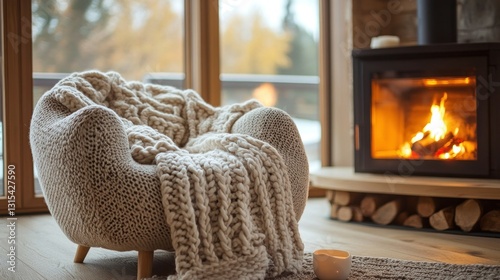 Cozy armchair by fireplace, autumn window view