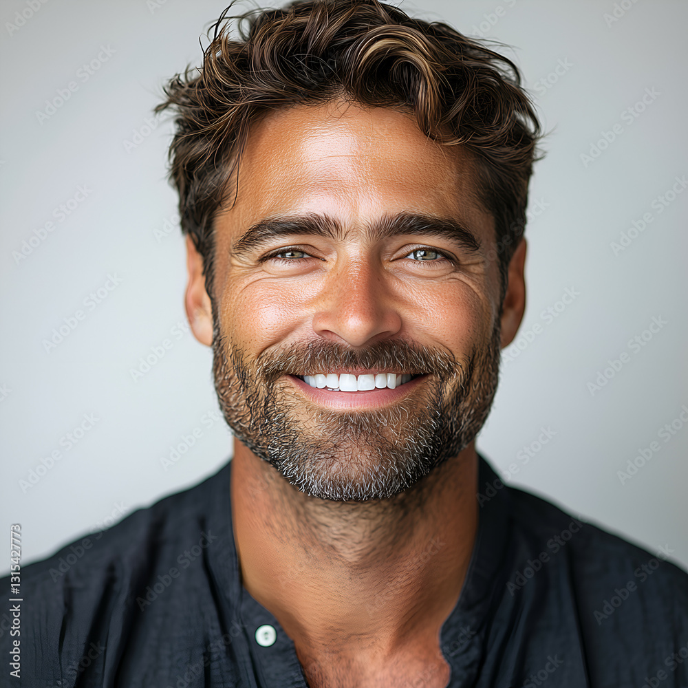 Smiling Man Portrait: Happy, Bearded, Relaxed Confidence, Urban Vibe & Vibrant Atmosphere Smiling Man Portrait: Happy, Bearded, Relaxed Confidence, Urban Vibe & Vibrant Atmosphere