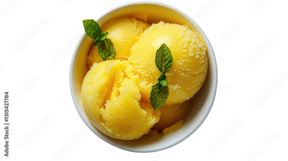 Mango ice cream scoops with mint leaves in a bowl on transparent background