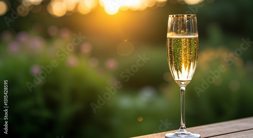 Sparkling champagne flute glowing in the warm sunset, evoking a celebratory mood while resting on a wooden table amidst a blurred garden background