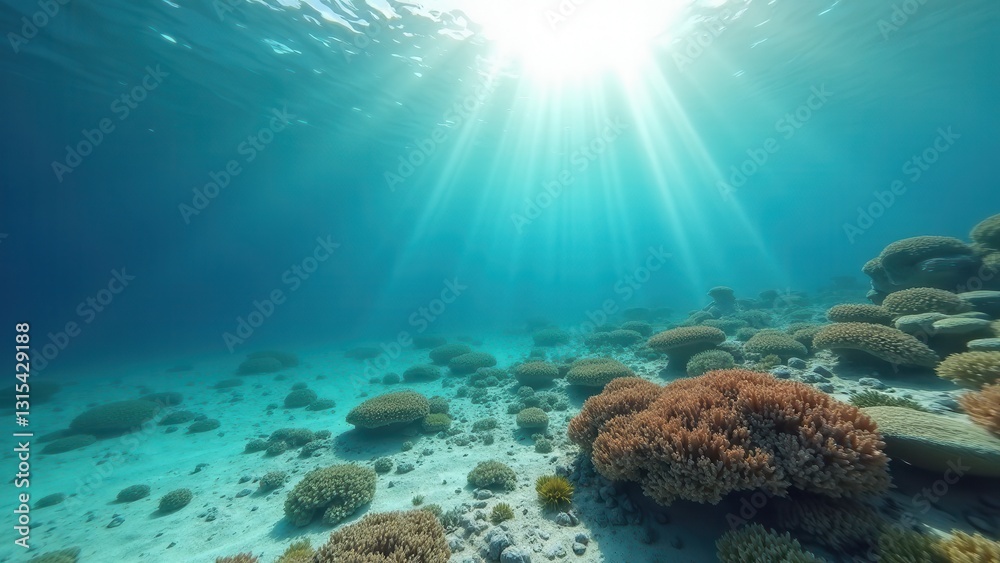 Fototapeta premium Underwater coral reef ecosystem with sunlight filtering through clear ocean water 